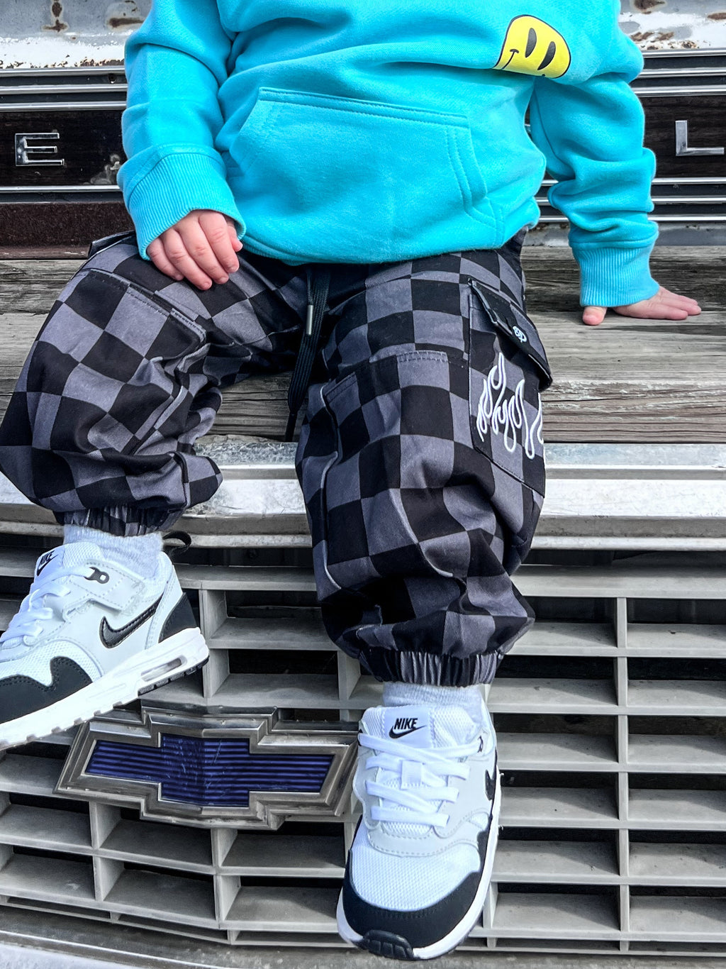 BLACK & GREY CHECKERED FLAME • CARGO JOGGERS