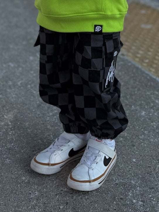 BLACK & GREY CHECKERED FLAME • CARGO JOGGERS