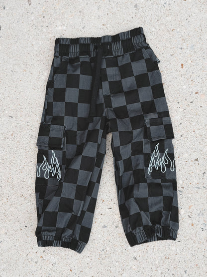 BLACK & GRAY CHECKERED FLAME • CARGO JOGGERS