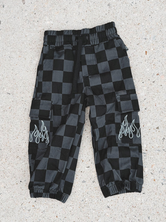 BLACK & GRAY CHECKERED FLAME • CARGO JOGGERS